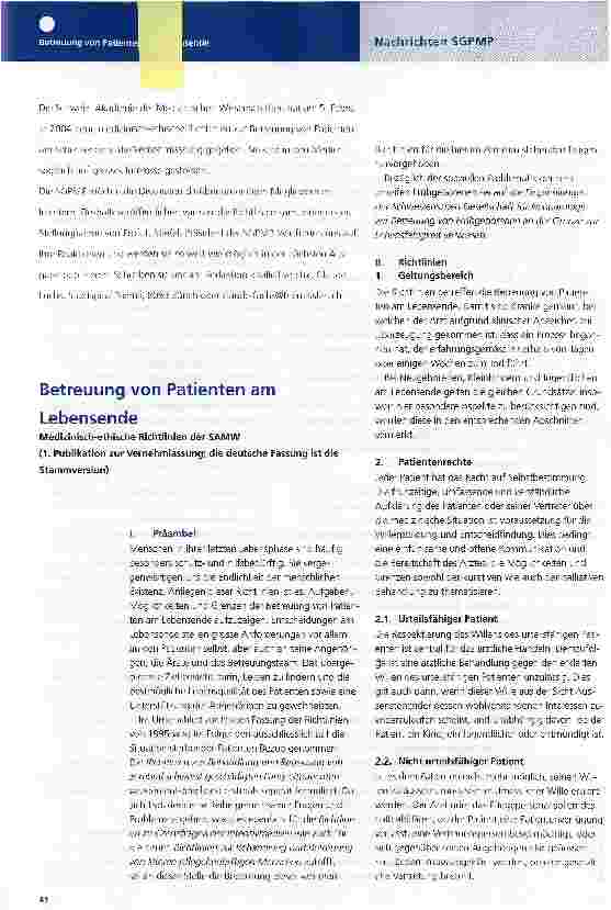 Vorschauseite 1: Betreuung von Patienten am LebensendeMedizinisch-ethische Richtlinien der SAMW(1. Publikation zur Vernehmiassung; die deutsche Fassung ist die Stammversion)