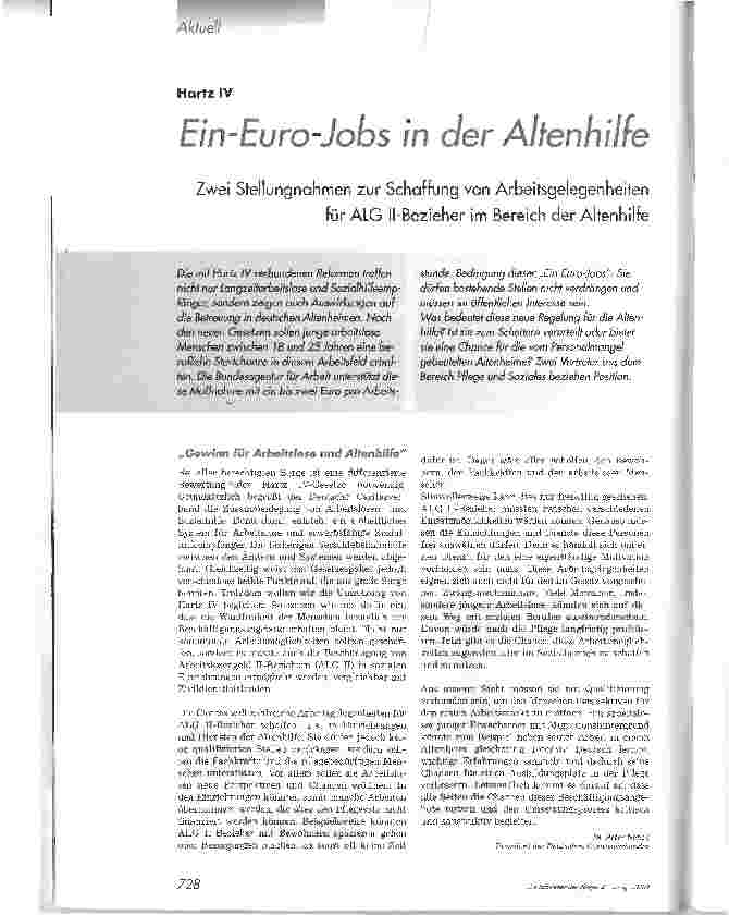 Vorschauseite 1: Ein-Euro-Jobs in der Altenhilfe. Zwei Stellungnahmen zur Schaffung von Arbeitsgelegenheiten für ALG Il-Bezieher im Bereich der Altenhilfe