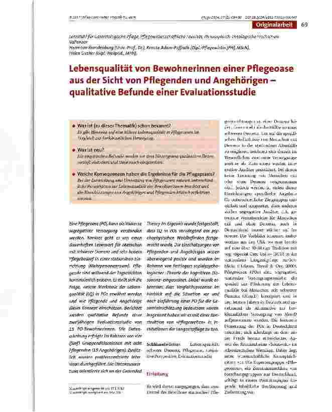 Vorschauseite 1: Lebensqualität von Bewohnerinnen einer Pflegeoase aus der Sicht von Pflegenden und Angehörigen -qualitative Befunde einer Evaluationsstudie