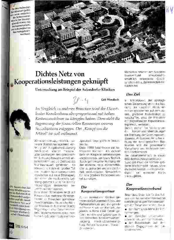 Vorschauseite 1: Dichtes Netz von Kooperationsleistungen geknüpft Untersuchung am Beispiel der Aulendorfer Kliniken