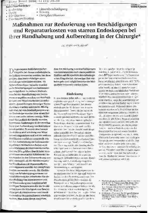 Vorschauseite 1: Maßnahmen zur Reduzierung von Beschädigungen und Reparaturkosten von starren Endoskopen bei ihrer Handhabung und Aufbereitung in der Chirurgie