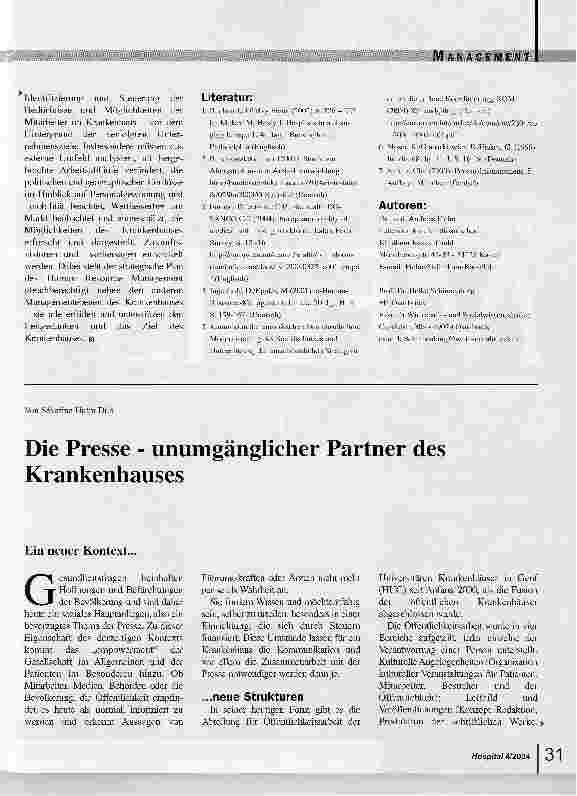 Vorschauseite 1: Die Presse - unumgänglicher Partner des Krankenhauses
