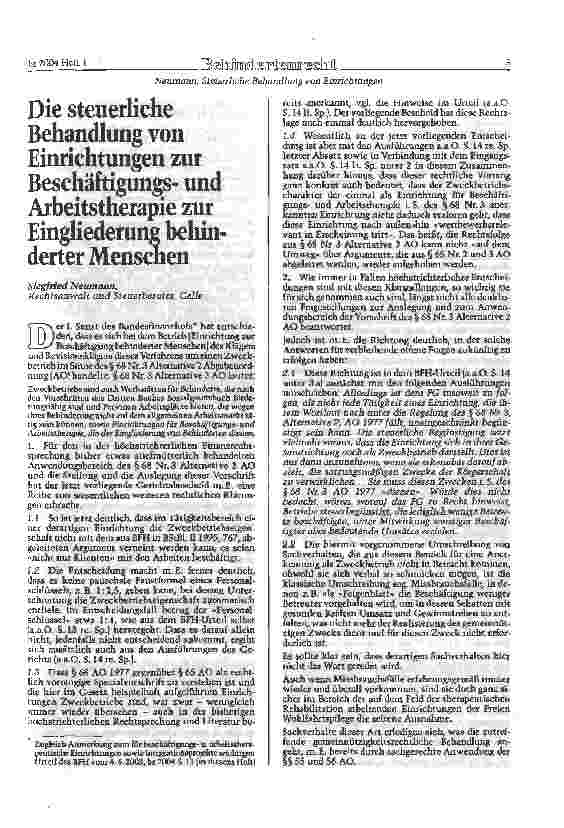 Vorschauseite 1: Die steuerliche Behandlung von Einrichtungen zur Beschäftigungsund Arbeitstherapie zur Eingliederung behinderter Menschen