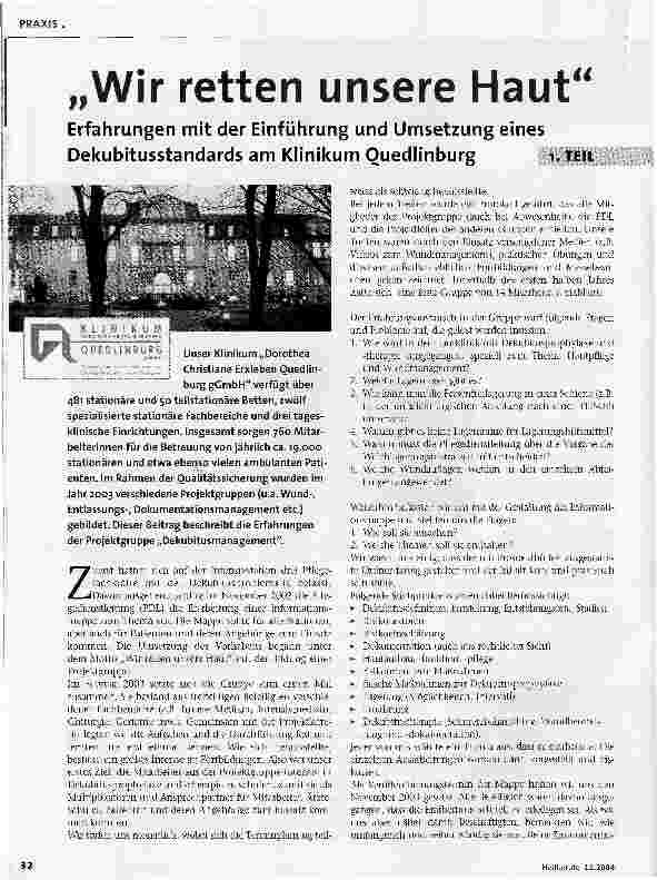 Vorschauseite 1: Wir retten unsere Haut Erfahrungen mit der Einführung und Umsetzung einesDekubitusstandards am Klinikum Quedlinburg 1. TEIL