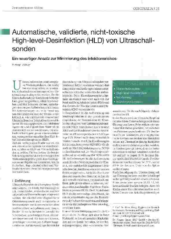 Vorschauseite 1: Automatische, validierte, nicht-toxische High-Ievel-Desinfektion (HLD) von Ultraschall sondenEin neuartiger Ansatz zur Minimierung des Infektionsrisikos