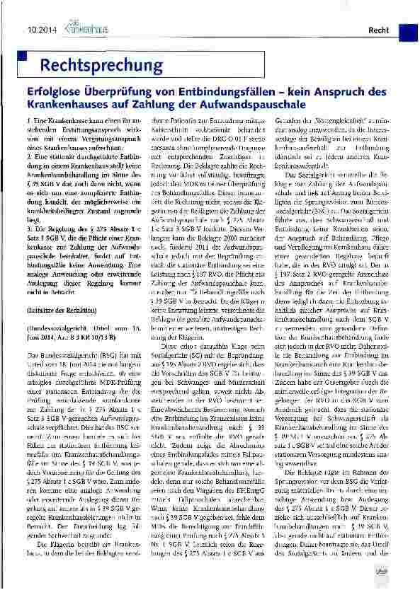 Vorschauseite 1: Erfolglose Überprüfung von Entbindungsfällen - kein Anspruch des Krankenhauses auf Zahlung der Aufwandspauschale