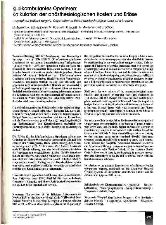 Vorschauseite 1: Klinikambulantes Operieren Kalkulation der anästhesiologischen Kosten und Erlöse