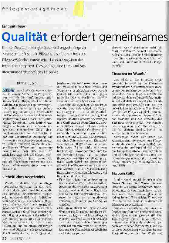 Vorschauseite 1: Qualität erfordert gemeinsames Pflegeverständnis