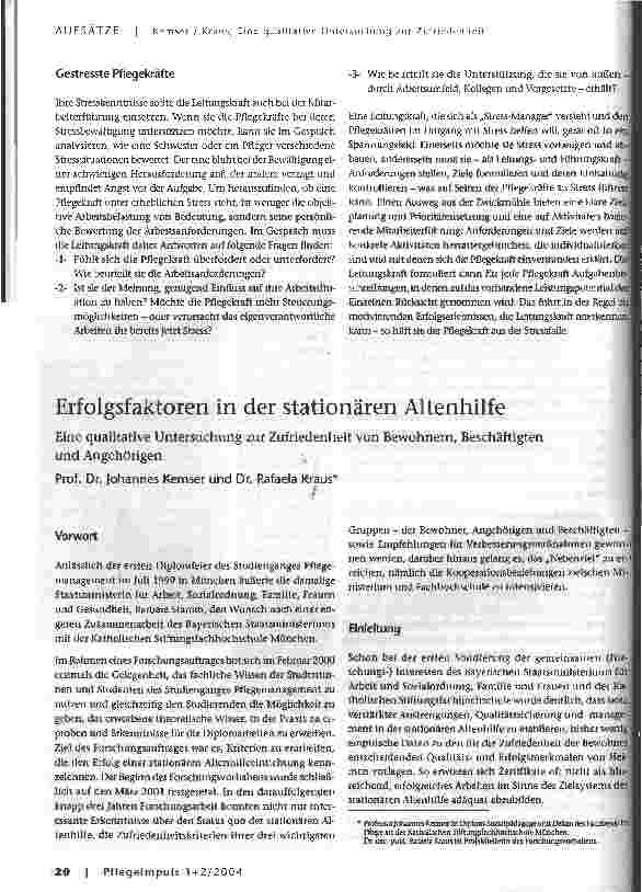 Vorschauseite 1: Erfolgsfaktoren in der stationären AltenhilfeEine qualitative Untersuchung zur Zufriedenheit von Bewohnern, Beschäftigten und Angehörigen