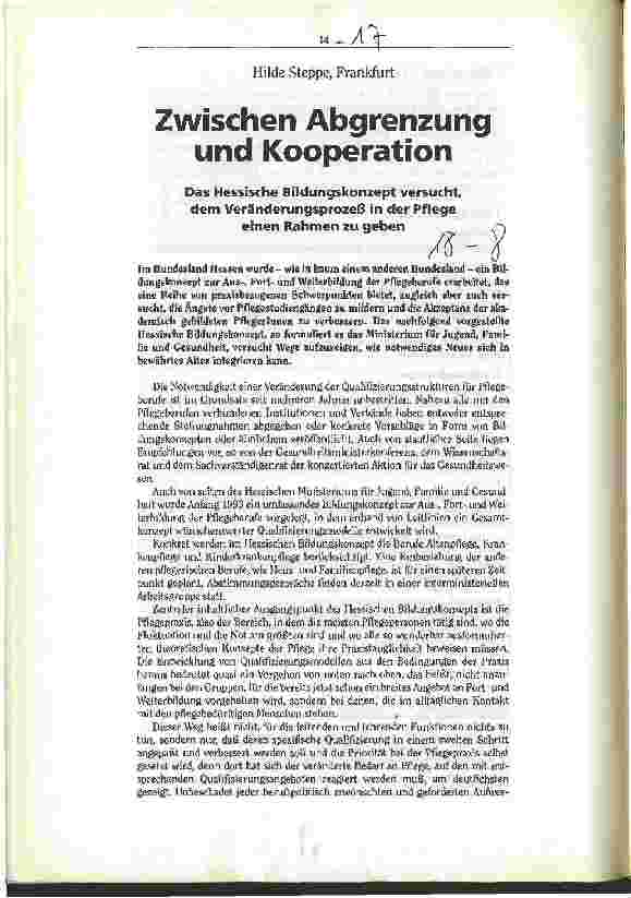 Vorschauseite 1: Zwischen Abgrenzung und Kooperation Das Hess. Bildungskonzept versucht, dem Veränderungsprozeß in der Pflege einen Rahmen zu geben