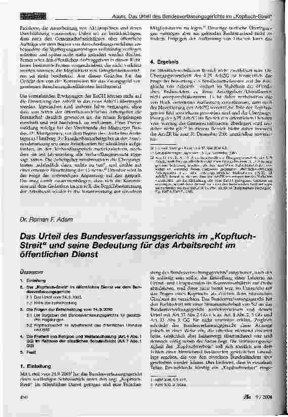Vorschauseite 1: Das Urteil des Bundesverfassungsgerichts im Kopftuch-Streit und seine Bedeutung für das Arbeitsrecht im öffentlichen Dienst