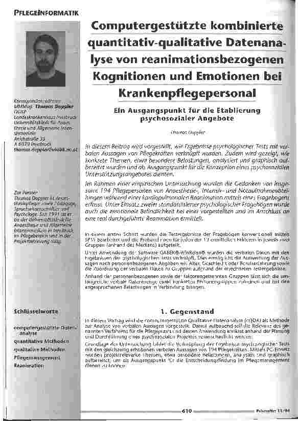 Vorschauseite 1: Computergestützte kombinierte quantitativ-qualitative Datenanalyse von reanimationsbezogenenKognitionen und Emotionen bei Krankenpflegepersonal