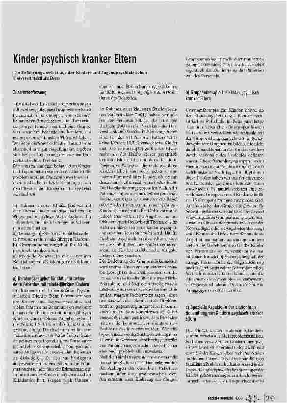 Vorschauseite 1: Kinder psychisch kranker Eltern. Ein Erfahrungsbericht aus der Kinderund Jugendpsychiatrischen Universitätsklinik Bern
