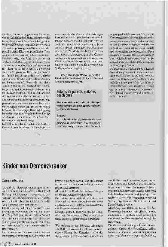 Vorschauseite 2: Kinder psychisch kranker Eltern. Ein Erfahrungsbericht aus der Kinderund Jugendpsychiatrischen Universitätsklinik Bern