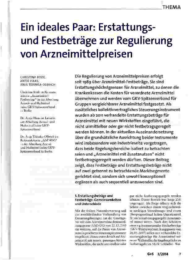 Vorschauseite 1: Ein ideales Paar: Erstattungsund Festbeträge zur Regulierung von Arzneimittelpreisen
