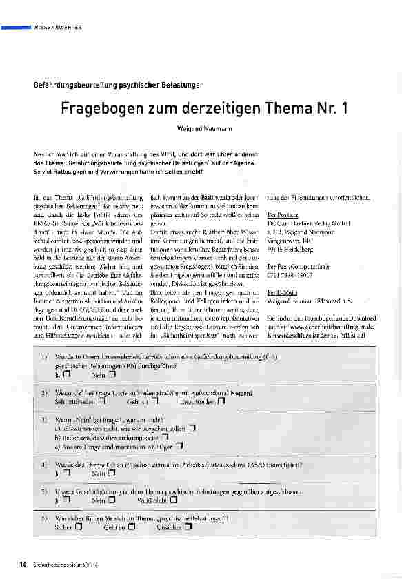 Vorschauseite 1: Fragebogen zum derzeitigen Thema Nr. 1
