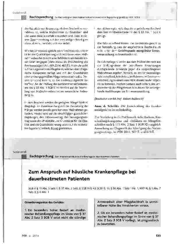 Vorschauseite 1: Zum Anspruch auf häusliche Krankenpflege bei dauerbeatmeten Patienten