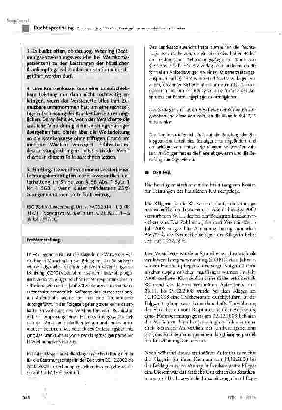 Vorschauseite 2: Zum Anspruch auf häusliche Krankenpflege bei dauerbeatmeten Patienten