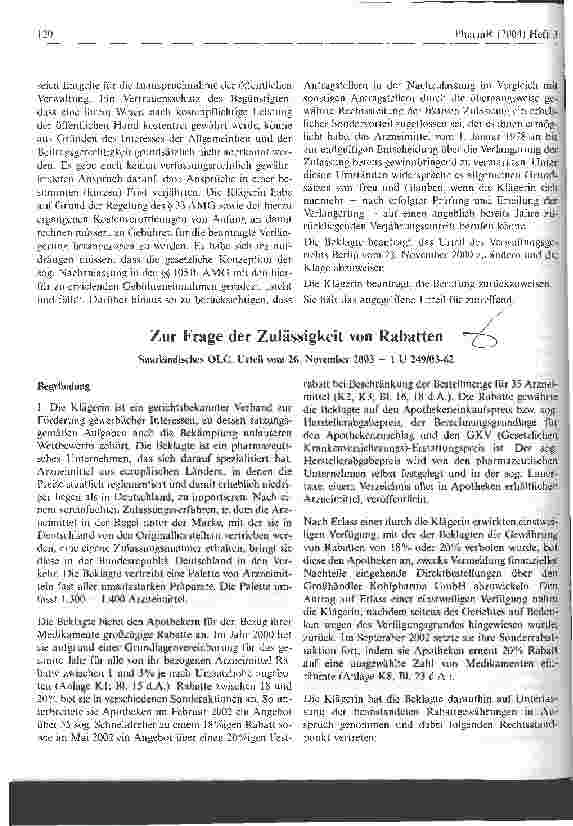 Vorschauseite 1: Zur Frage der Zulässigkeit von Rabatten Saarländisches OLG, Urteil vom 26. November 2003