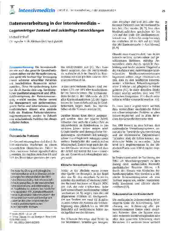 Vorschauseite 1: Datenverarbeitung in der Intensivmedizin Gegenwärtiger Zustand und zukünftige Entwicklungen