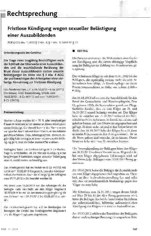 Vorschauseite 1: Fristlose Kündigung wegen sexueller Belästigung einer Auszubildenden BGB § 626 Abs. 1; AGG § 3 Abs. 4, § 7 Abs. 3; TVÖD-AT § 33