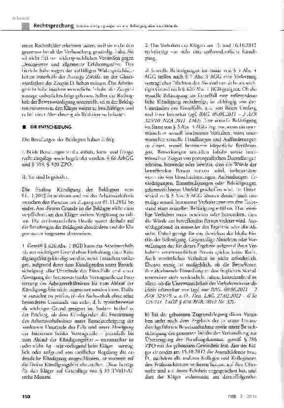 Vorschauseite 4: Fristlose Kündigung wegen sexueller Belästigung einer Auszubildenden BGB § 626 Abs. 1; AGG § 3 Abs. 4, § 7 Abs. 3; TVÖD-AT § 33