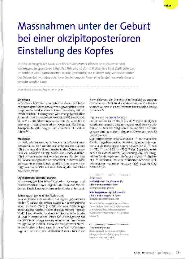 Vorschauseite 1: Massnahmen unter der Geburt bei einer okzipitoposterioren Einstellung des Kopfes