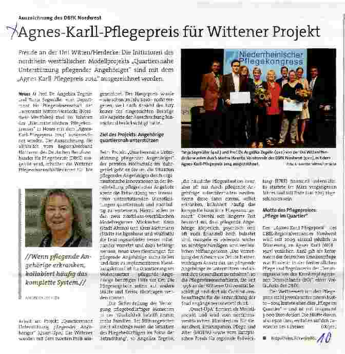 Vorschauseite 1: Agnes-Karll-Pflegepreis für Wittener Projekt