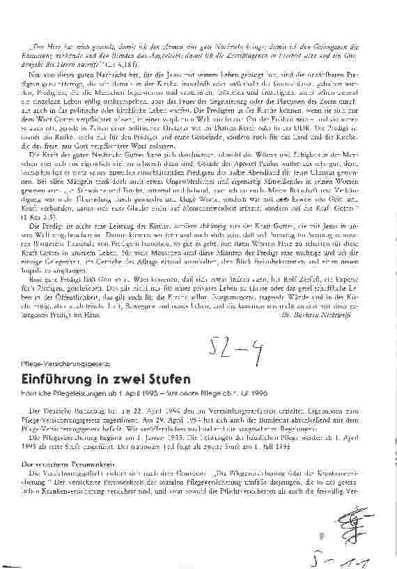 Vorschauseite 1: Pflege-Versicherungsgesetz: Einführung in 2 Stufen Häusliche Pflegeleistungen ab 1.4.95, Stationäre Pflege ab 1.7.96
