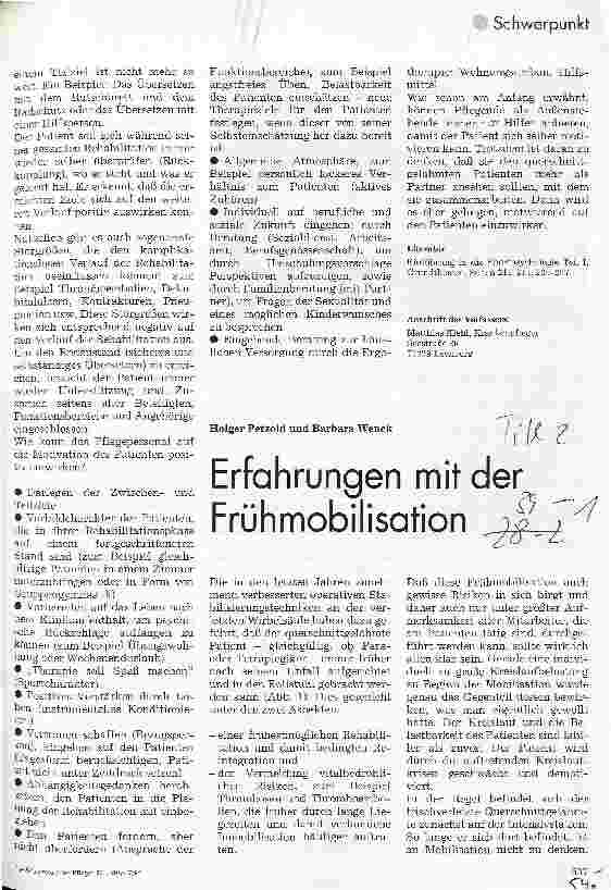 Vorschauseite 1: Rehabilitation querschnittgelähmter Patienten Erfahrungen mit der Frühmobilisation