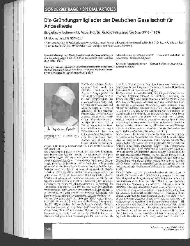 Vorschauseite 1: Die Gründungsmitglieder der Deutschen Gesellschaft für AnaesthesieBiografische Notizen - 13. Folge: Prof. Dr. Richard Heinz Joachim Bark (1918 - 1963