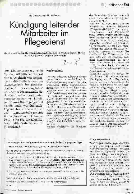 Vorschauseite 1: Kündigung leitender Mitarbeiter im Pflegedienst Kündigung wegen ihrer langjährigen Mitarbeit im Med.Dienst des Ministeriums für Staatssicherheit