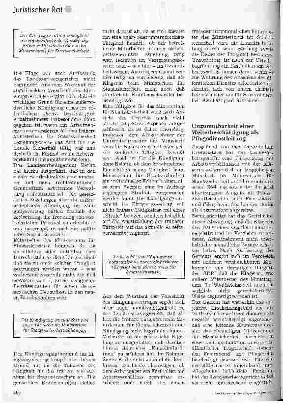 Vorschauseite 2: Kündigung leitender Mitarbeiter im Pflegedienst Kündigung wegen ihrer langjährigen Mitarbeit im Med.Dienst des Ministeriums für Staatssicherheit