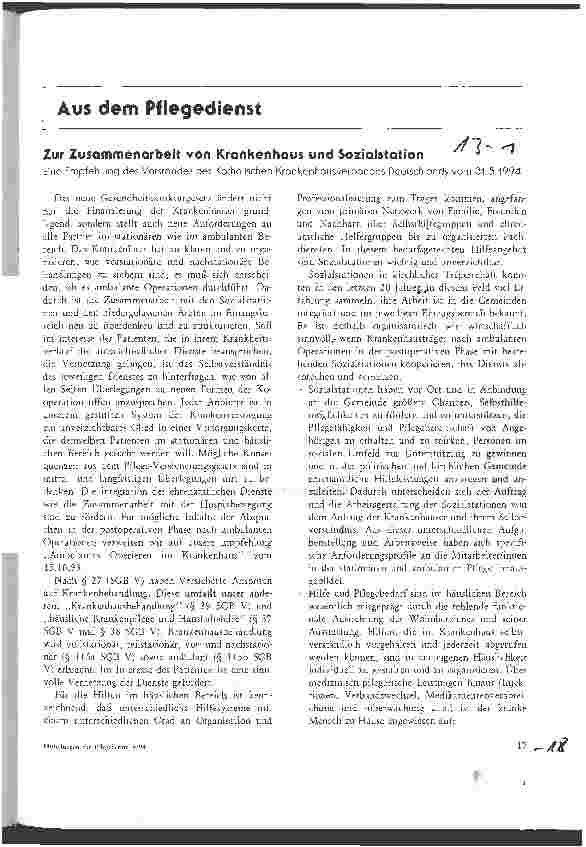 Vorschauseite 1: Zur Zusammenarbeit von Krankenhaus und Sozialstation Eine Empfehlung des Vorstandes des Katholischen Krankenhausverbandes Deutschlands vom 31.5.1994