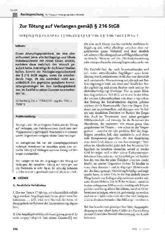 Vorschauseite 1: Zur Tötung auf Verlangen gemäß § 216 StGB StGB § 22, § 23, § 216, § 242 Abs. 1, § 248a; JGG § 1, § 3, § 17 Abs. 2, § 18 Abs. 1 und 2, § 31 Abs. 1