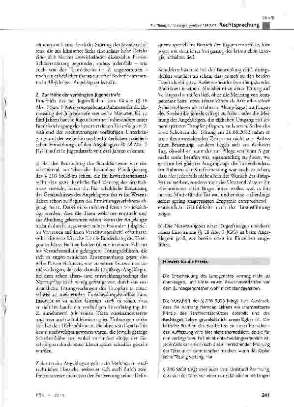 Vorschauseite 6: Zur Tötung auf Verlangen gemäß § 216 StGB StGB § 22, § 23, § 216, § 242 Abs. 1, § 248a; JGG § 1, § 3, § 17 Abs. 2, § 18 Abs. 1 und 2, § 31 Abs. 1