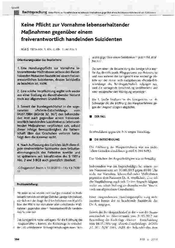 Vorschauseite 1: Keine Pflicht zur Vornahme lebenserhaltender Maßnahmen gegenüber einem reiverantwortlich handelnden Suizidenten BGB § 1901a Abs. 1, Abs. 2, Abs. 3 und Abs. 5