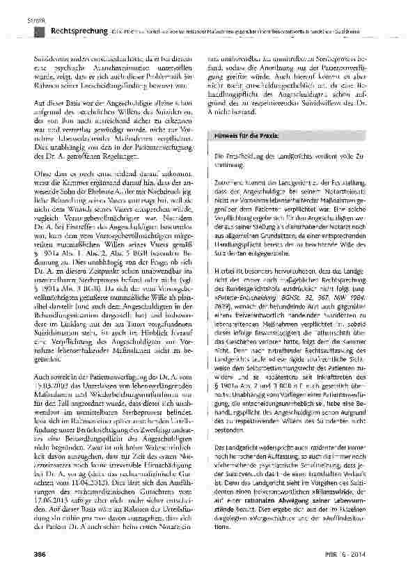 Vorschauseite 3: Keine Pflicht zur Vornahme lebenserhaltender Maßnahmen gegenüber einem reiverantwortlich handelnden Suizidenten BGB § 1901a Abs. 1, Abs. 2, Abs. 3 und Abs. 5