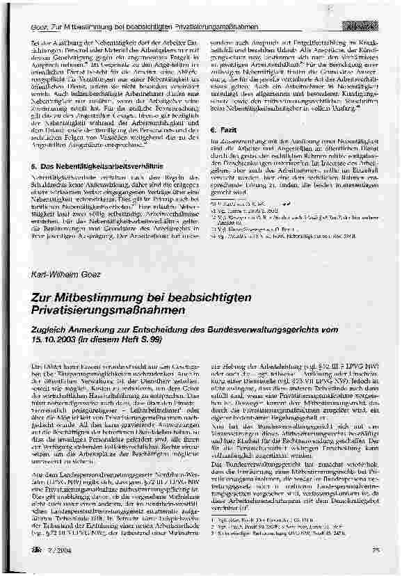 Vorschauseite 1: Zur Mitbestimmung bei beabsichtigten Privatisierungsmaßnahmen