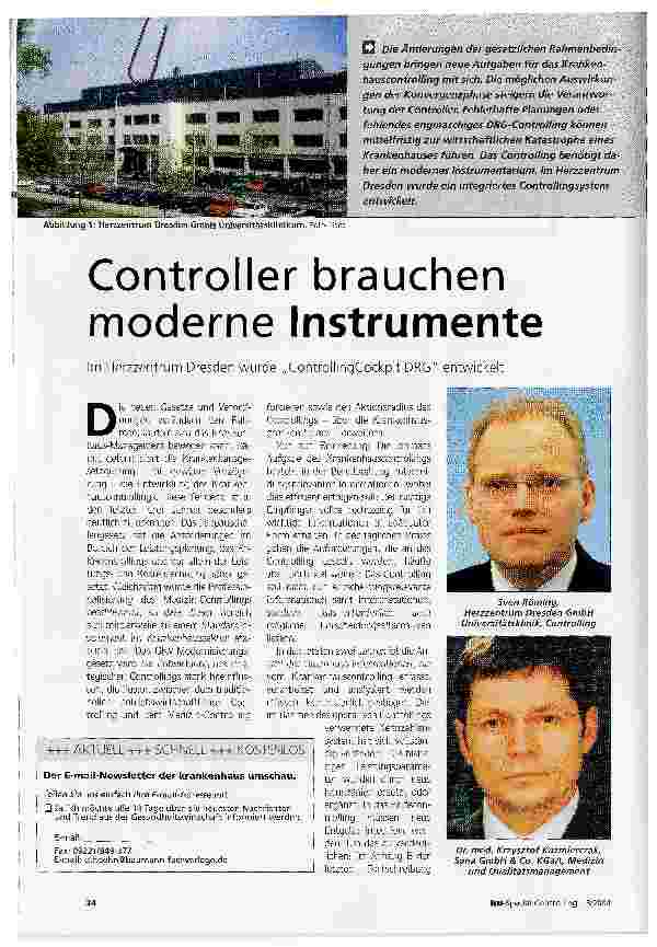 Vorschauseite 1: Controller brauchen moderne InstrumenteIm Herzzentrum Dresden wurde ControllingCockpit DRG entwickelt
