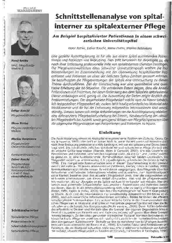 Vorschauseite 1: Schnittstellenanalyse von spitalinterner zu spitalexterner Pflege Am Beispiel hospitalisierter Patientinnen in einem schweizerischen Universitätsspital