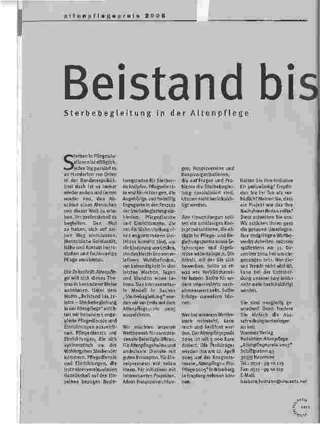 Vorschauseite 1: Beistand bis zuletzt. Sterbebegleitung in der AltenpflegeAltenpflegepreis 2005 2005