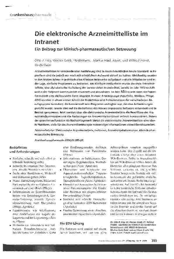 Vorschauseite 1: Die elektronische Arzneimittelliste im IntranetEin Beitrag zur klinisch-pharmazeutischen Betreuung