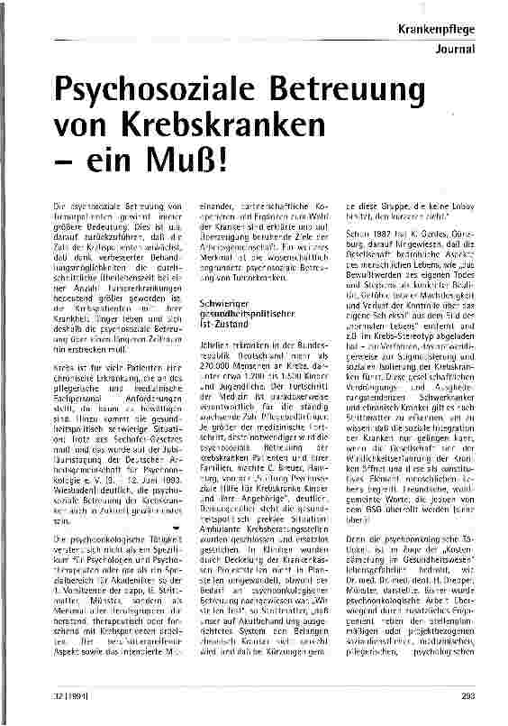 Vorschauseite 1: Psychosoziele Betreuung von Krebskranken - ein Muß