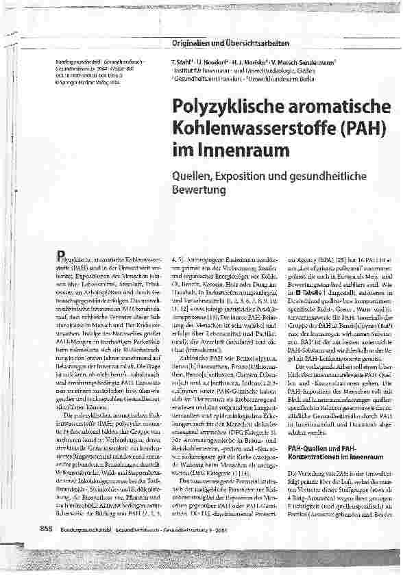 Vorschauseite 1: Polyzyklische aromatische Kohlenwasserstoffe (PAH) im InnenraumQuellen, Exposition und gesundheitliche Bewertung