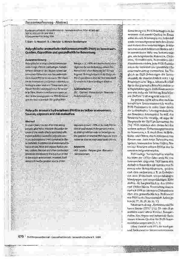 Vorschauseite 3: Polyzyklische aromatische Kohlenwasserstoffe (PAH) im InnenraumQuellen, Exposition und gesundheitliche Bewertung