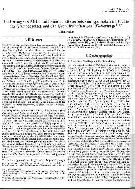 Vorschauseite 1: Lockerung des Mehrund Fremdbesitzverbots von Apotheken im Lichte des Grundgesetzes und der Grundfreiheiten des EG-Vertrags