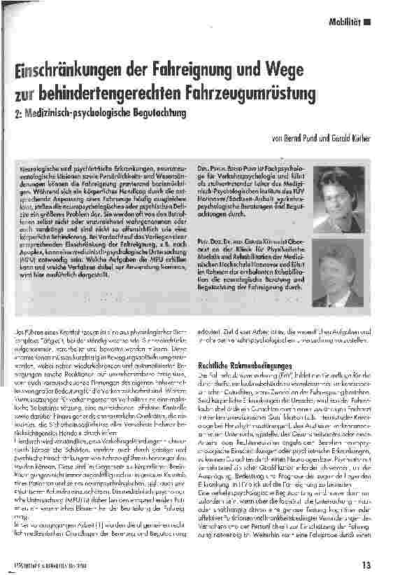 Vorschauseite 1: Einschränkungen der Fahreignung und Wege zur behindertengerechten FahrzeugumrüstungTeil 2: Medizinisch-psychologische Begutachtung