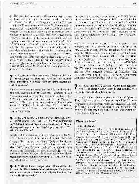 Vorschauseite 2: Stellungnahme der Firma MSD SHARP & DOHME GMBH zur freiwilligen Marktrücknahme von VIOXX/VIOXX DOLOR