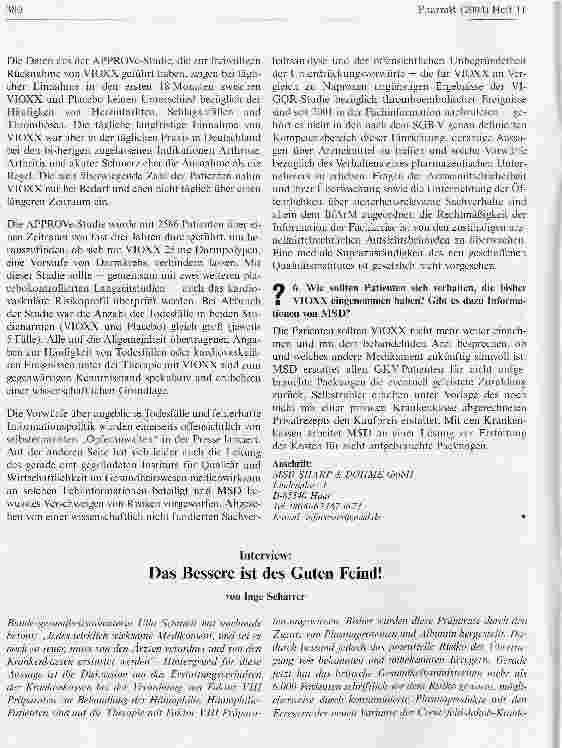 Vorschauseite 3: Stellungnahme der Firma MSD SHARP & DOHME GMBH zur freiwilligen Marktrücknahme von VIOXX/VIOXX DOLOR